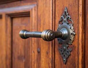 Ornate brass door handle mounted on a stained wooden door close up view