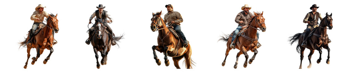 Cowboys Riding Horses in Dynamic Action Poses on Open Range, PNG bundle collection, Isolated on Transparent Background