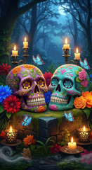 Day of dead colorful skulls with flowers and butterflies decoration