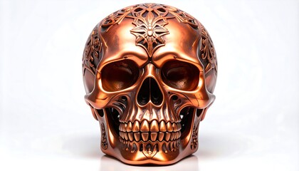 Ornate copper skull statue with intricate floral patterns, decorative and distinctive style