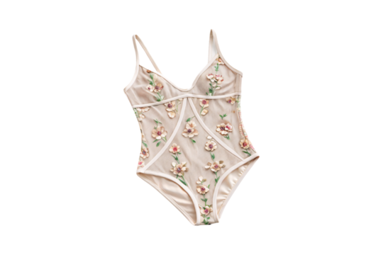 Delicate nude bodysuit featuring three-dimensional floral appliques and romantic feminine silhouette design, isolated on a transparent background