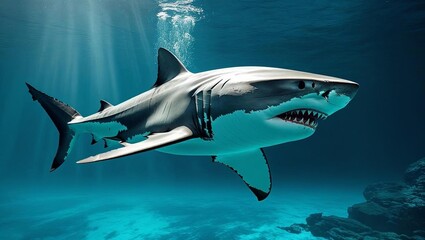 Fototapeta premium A majestic great white shark swims gracefully in deep, clear cobalt blue ocean waters.