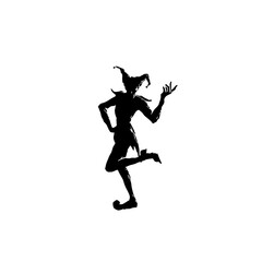 Obraz premium Minimalist Jester Silhouette Clip Art – Dancing Elf-like Character with Pointed Hat – Black Ink Drawing