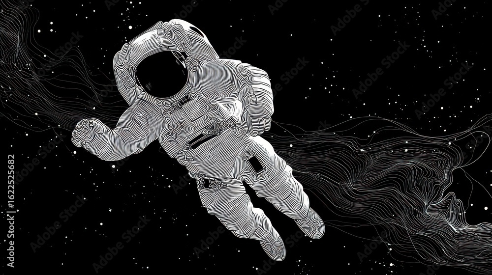 Poster astronaut floating in space silhouette with line art design