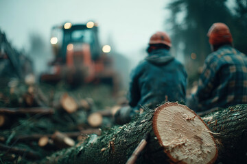 Industrial logging operations with lumberjacks and machinery in a forest setting