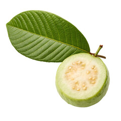 Green guava fruit half and leaf on black background