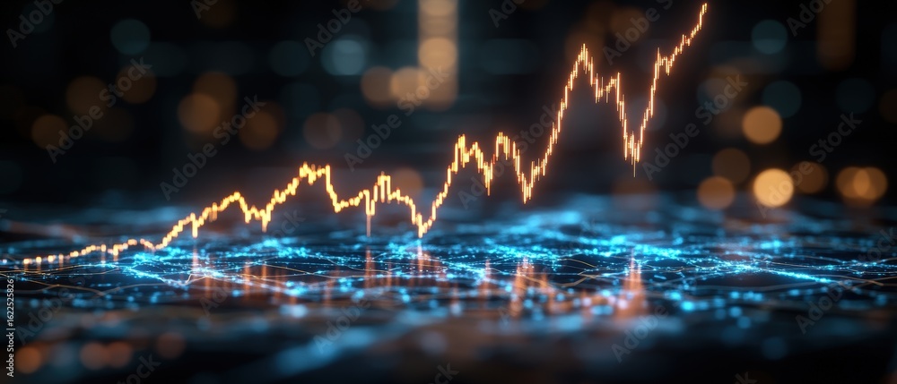 Poster dynamic glowing financial chart with rising trend lines and abstract digital background for stock ma