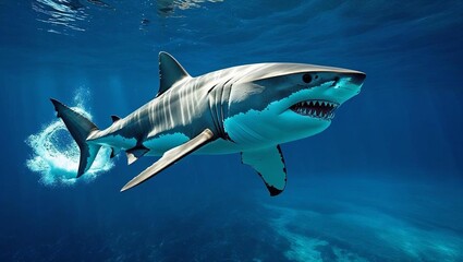 Fototapeta premium A majestic great white shark swims gracefully in deep, clear cobalt blue ocean waters.