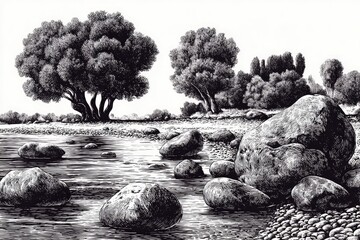 Detailed black and white illustration of a tranquil riverside scene.