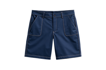Navy blue workwear shorts with contrast stitching, front pockets, utility style menswear, isolated on a transparent background