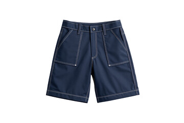 Navy blue carpenter shorts with contrast topstitching, front pockets, casual workwear style, isolated on a transparent background