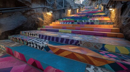 Vivid, brightly painted, multicolored staircase ascends between rocks in daylight