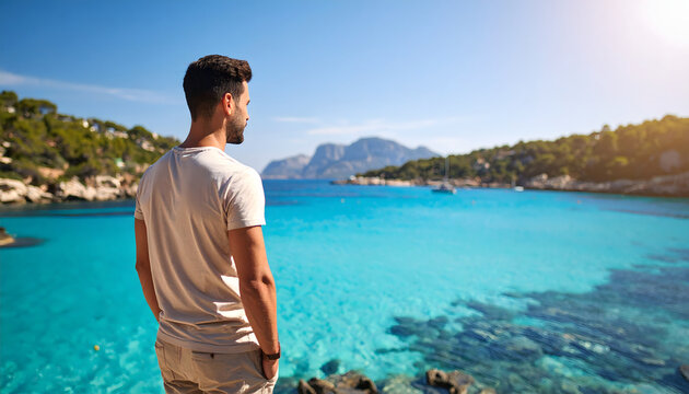 Man Overlooking a Turquoise Lagoon from a Rocky Cliff with a Scenic View - Powered by Adobe