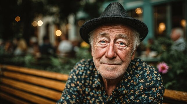 A close-up portrait of a smiling senior man wearing a hat sitting outdoors, looking at the camera. - Powered by Adobe