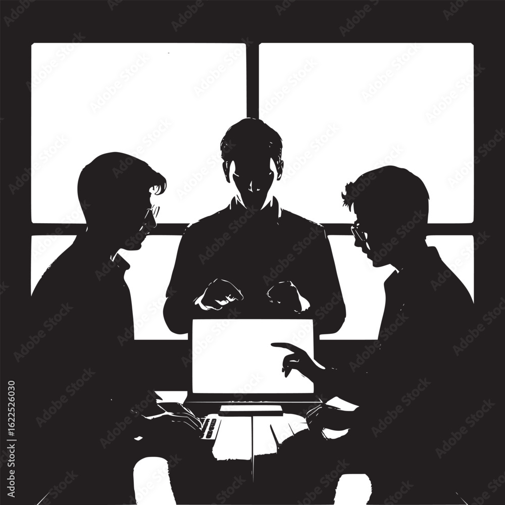 Aufkleber three men collaborating on code in front of multiple monitors in a dark room in black and white