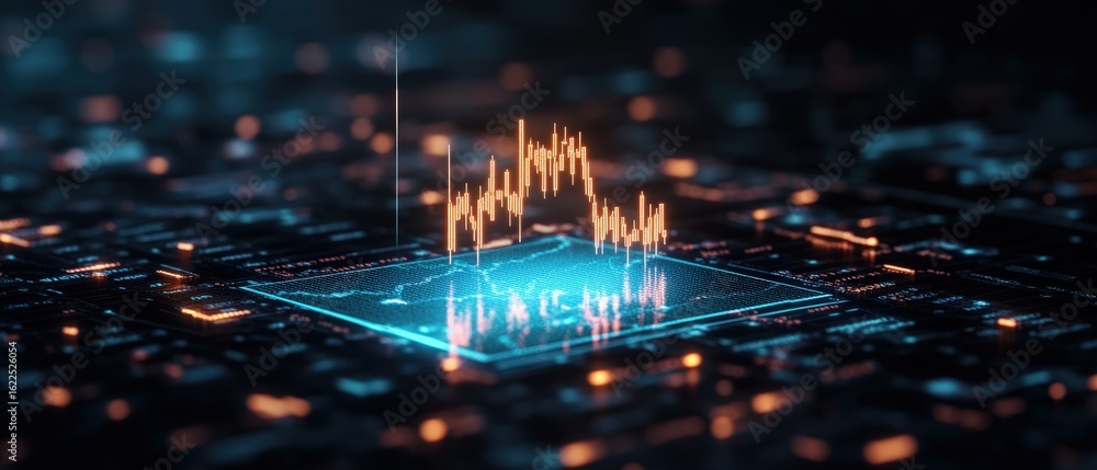 Poster futuristic digital stock market data visualization with glowing financial graphs and digital grid