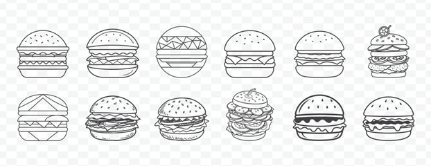 Burger Line Art Collection Featuring Classic Cheeseburgers Veggie Burgers and Fast Food Style Sandwiches