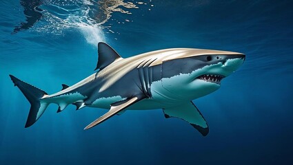 Naklejka premium A majestic great white shark swims gracefully in deep, clear cobalt blue ocean waters.