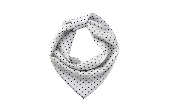 White polka dot silk scarf with black dots in regular pattern layout, isolated on a transparent background