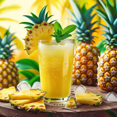Glass of splashing pineapple juice with fruit and slices isolated