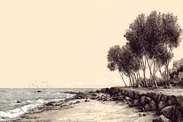 Coastal scene with trees and birds.