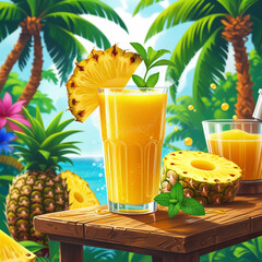Glass of splashing pineapple juice with fruit and slices isolated