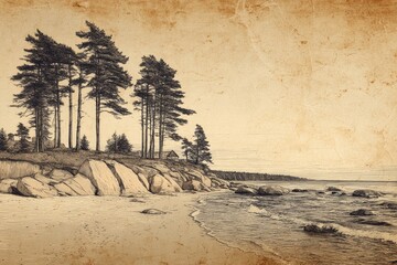Coastal scene with pine trees and rocks.