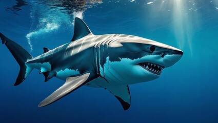 Fototapeta premium A majestic great white shark swims gracefully in deep, clear cobalt blue ocean waters.