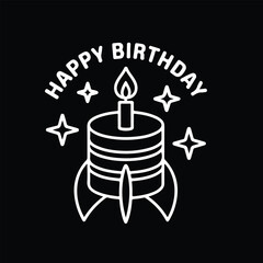 White outline illustration of a birthday cake with a lit candle, surrounded by stars, on a black background, with 