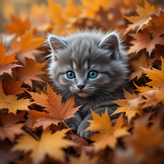 Kitten among Autumn Leaves with Bright Blue Eyes