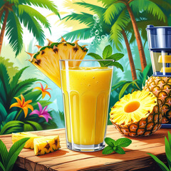 Glass of splashing pineapple juice with fruit and slices isolated