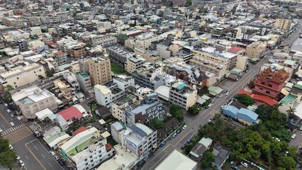 Fototapeta premium Aerial view of streetscape and buildings in a small town in Taiwan