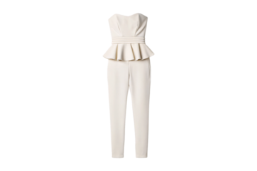 White strapless peplum jumpsuit with sweetheart neckline and wide-leg pants design, isolated on a transparent background
