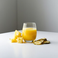 Glass of splashing pineapple juice with fruit and slices isolated