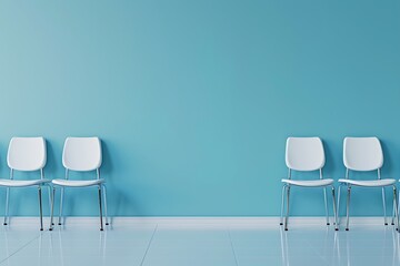 Waiting room with blue walls, white chairs