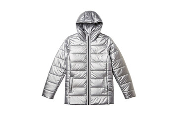 Silver metallic quilted hooded puffer jacket with front zip and contemporary styling, isolated on a transparent background