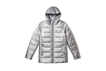 Silver metallic quilted hooded puffer jacket with front zip and contemporary styling, isolated on a transparent background