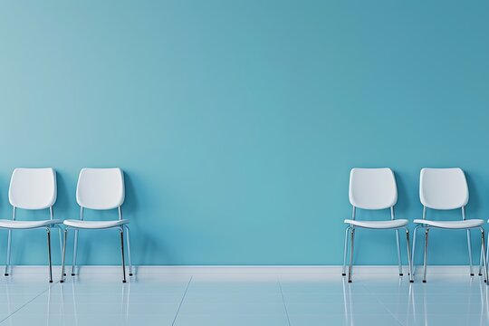 Waiting room with blue walls, white chairs