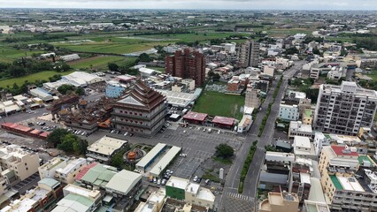 Aerial view of streetscape and buildings in a small town in Taiwan