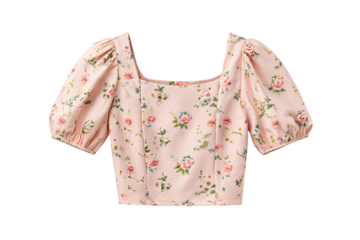 Pink floral square neck crop top with puffy short sleeves and fitted bodice, isolated on a transparent background