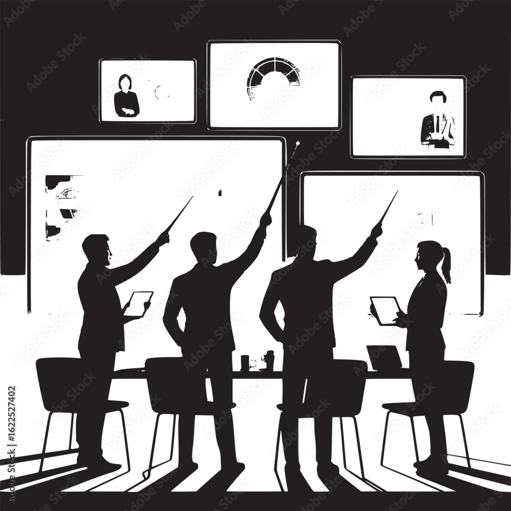 Poster business presentation with charts and graphs shown by people with pointers in a meeting room setting