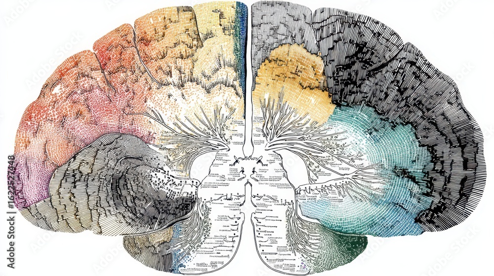 Poster detailed map of human brain functional zones and hemispheric structures