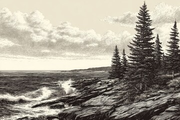 Coastal landscape with waves crashing on rocks and pine trees.
