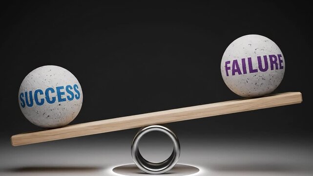 Balance scale showing success and failure spheres on a wooden fulcrum ring