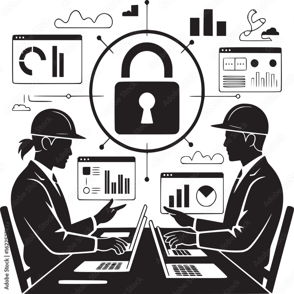 Poster two engineers working on laptops with data charts and a padlock in a cybersecurity concept art