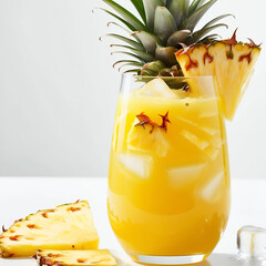 Glass of splashing pineapple juice with fruit and slices isolated