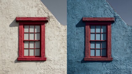 Side-by-side architectural transformation concept with contrasting wall textures, showing old concrete versus modern facade under even lighting