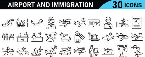 airport and immigration line icons collection. Immigration line icons set in flat minimalistic style.  Airport Editable Stroke Icons