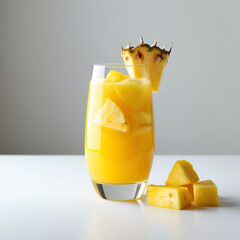 Glass of splashing pineapple juice with fruit and slices isolated