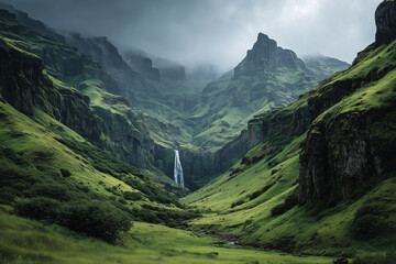 Obraz premium Green valley with a waterfall in the mountains